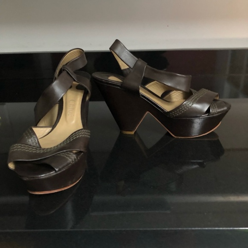 Chloe Brown Leather Platform Wedge Sandals Slingback Stitched Straps 38.5 Italy